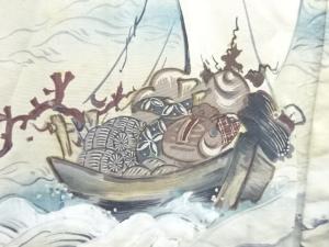 アンティーク　破れ地紙に宝船・屋敷風景模様肩裏男物羽織